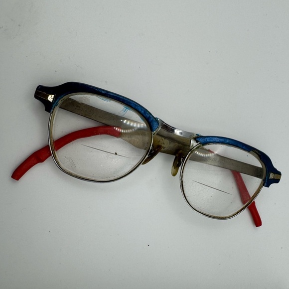 Unique Metal Bi Focals Red Plastic Tipped Arms Blue Run Detail Rare Vintage 50s - Picture 7 of 7